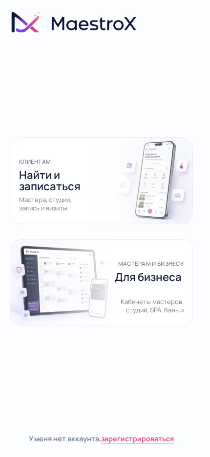 Мобильный экран MaestroX с выбором входа для клиента или бизнеса