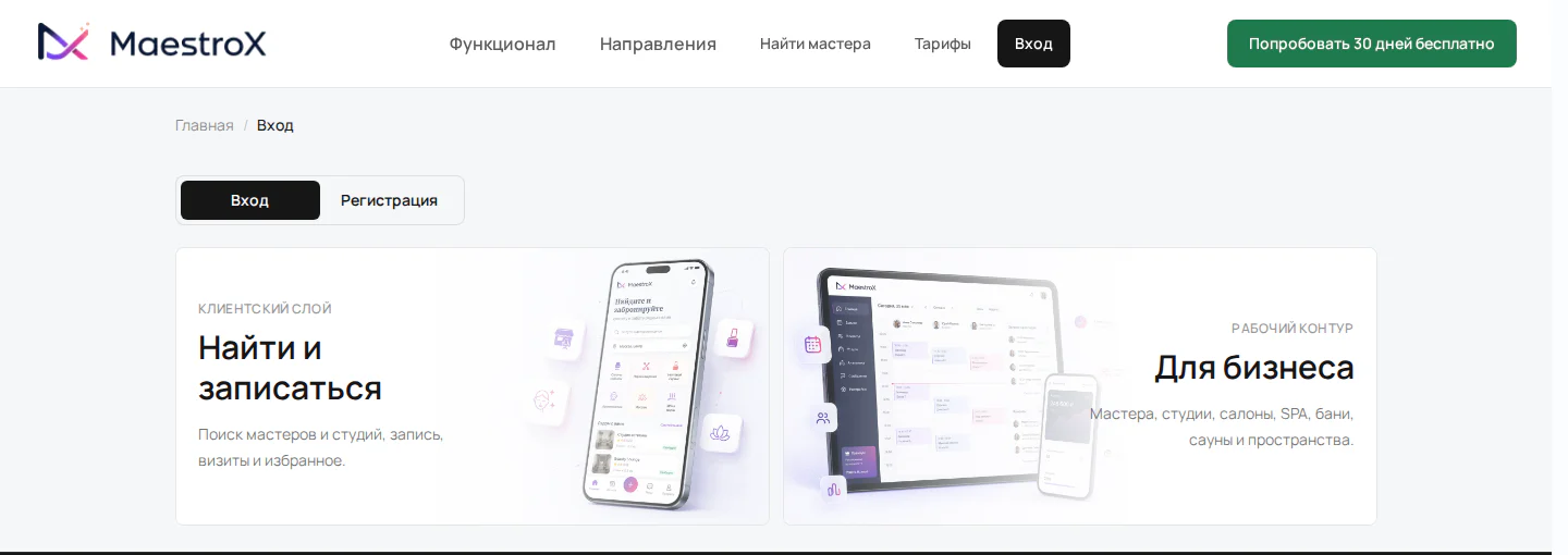 Web-интерфейс входа в MaestroX с выбором клиентского и рабочего сценария